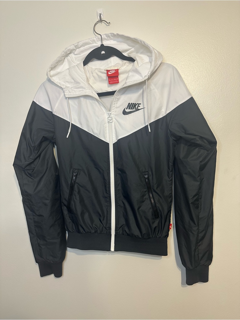Nike Women's Black and White Hooded Bomber Windbreaker Jacket